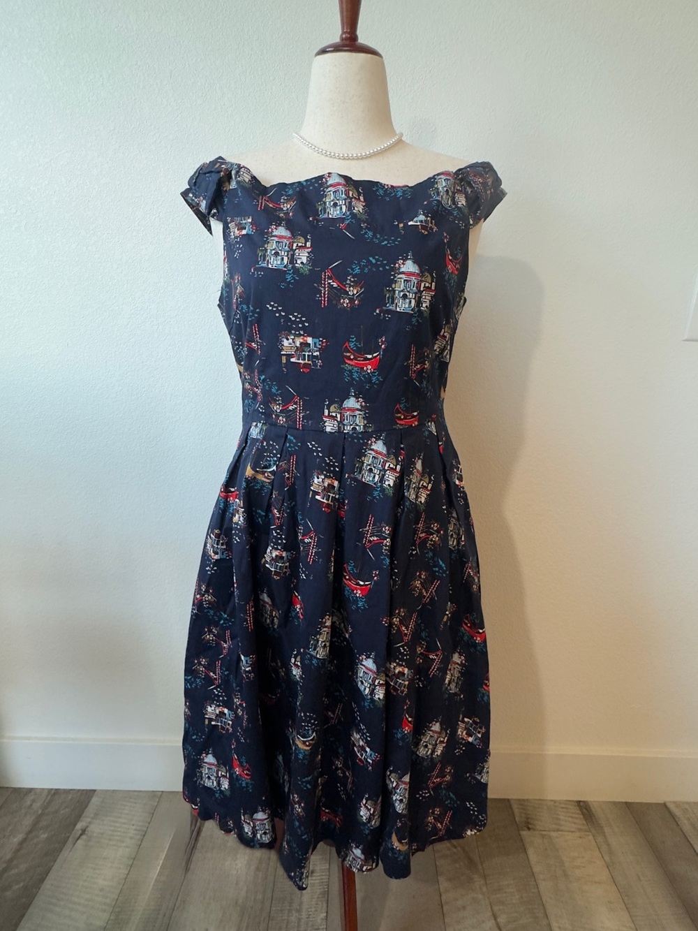 Lindy Bop Navy Scenic Print Fit-and-Flare Midi Dress with Red Accents